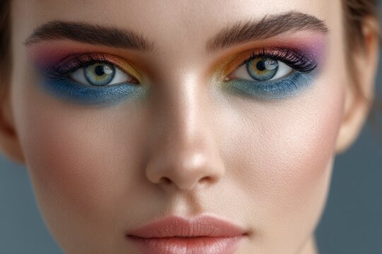 Woman Face with Colorful Eyeshadow and Flawless Skin