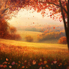 Fototapeta premium Beautiful autumn landscape with colorful trees showcasing vibrant red, orange, and yellow leaves. Perfect for seasonal themes, nature, outdoors, and fall holiday designs.