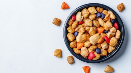 An overhead view shows a black bowl filled with colorful crispy rice cracker snacks that are also scattered around the bowl on a white background surface.
