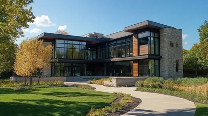 Modern Luxury Home Architectural Design,Landscaped Garden, Autumn Day