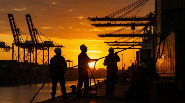 Silhouetted Dock Workers at Sunset Overlooking a Busy Shipping Port with Cranes and Cargo Equipment in the Background