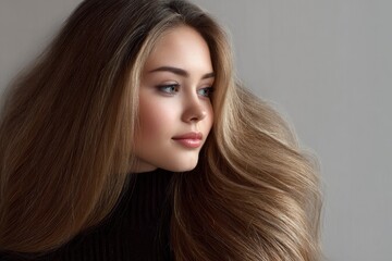 Naklejka premium Woman Portrait with Long Flowing Hair Looking Away