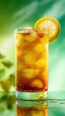 Refreshing iced tea drink garnished with lemon slice.
