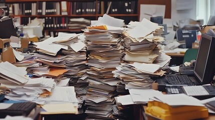 A cluttered office desk overloaded with papers and documents.