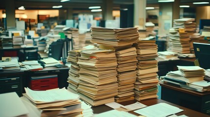 Interior office scene overflowing with paperwork and files.