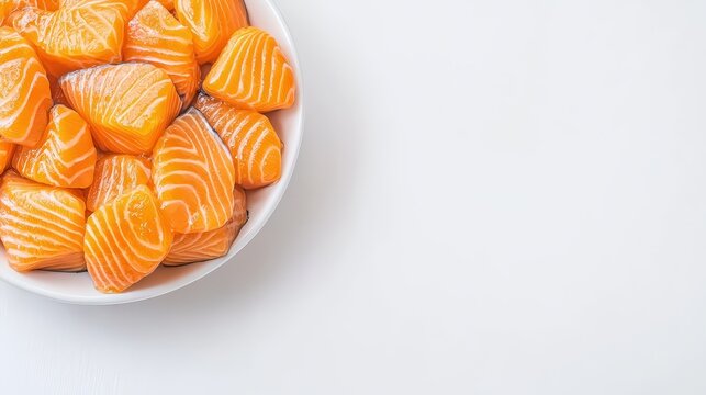 Fresh salmon cubes arranged in a white bowl showcase the vibrant orange color and marbled texture of the fish against a clean, minimalist white background.