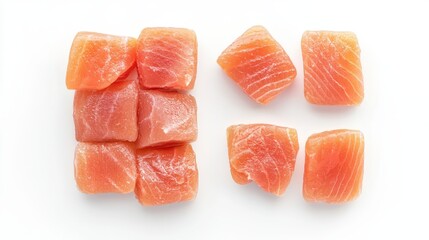 Fresh diced salmon pieces are artfully arranged on a clean white surface showcasing their vibrant color and texture, ideal for culinary use or food presentation.