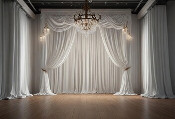 Stylish stage with hanging chandelier and flowing white curtains, aesthetic, prop, elegant, photography studio