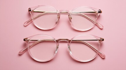 Clear pink eyeglasses on a pink background