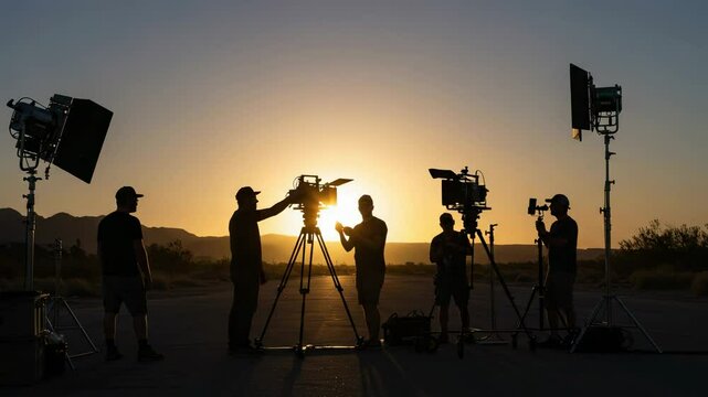 Silhouetted Film Crew Capturing Sunset on Desert Film Set with Cameras and Equipment for Movie Production