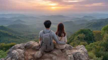 Couple Enjoying Mountain View at Sunset Together on Rocky Peak