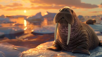 Walrus on Ice Floe at Sunset