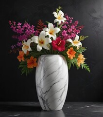 Stylish white marble vase filled with exotic tropical flowers on black background, modern, high-end, luxurious, exotic