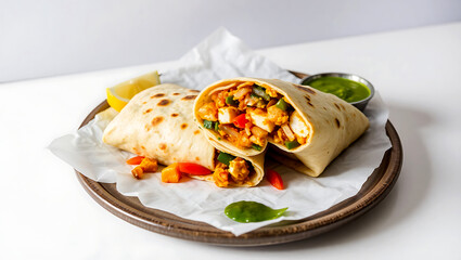 Delicious Indian Kathi Roll with Spiced Paneer or Chicken, Sliced to Reveal Colorful Filling.
