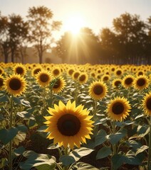 Sunflowers blooming in golden autumn sunlight, sunflowers, autumn, blooming