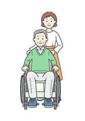 車椅子の男性高齢者を介助する若い女性のイラストセット