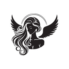 vector silhouette of a beautiful woman like an angel, simple black and white that can be edited