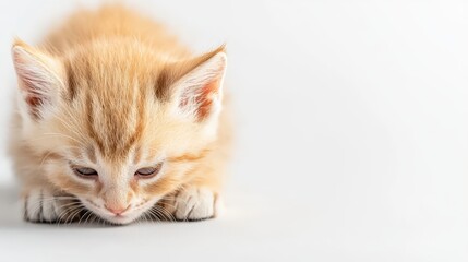 A cute ginger tabby kitten with bright eyes and a striped coat lays down quietly on a clean white surface looking down with a curious and focused expression.
