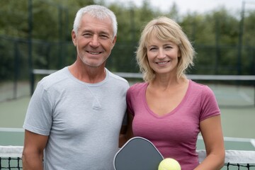 Mature Couple Posing on Pickleball Court After Game