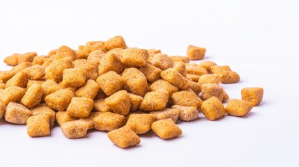 A scattered heap of crunchy brown pet food kibble forms an appealing mound on a clean white surface, offe a tempting treat for a furry companion.