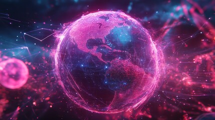 Obraz premium Holographic globe wrapped in dynamic network streams, international connectivity, digital tech visualization