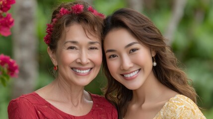 Obraz premium Smiling Mother and Daughter Portrait in Garden Setting