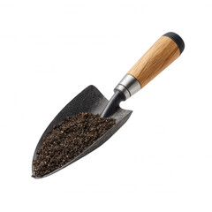 A small garden trowel with a light wooden handle is filled with dark potting soil against a clean white background, ready for planting seeds in the sp.