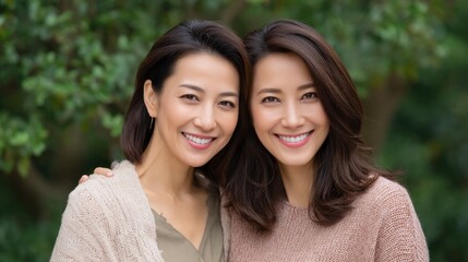 Obraz premium Two Smiling Women Posing Outdoors in a Friendly Embrace