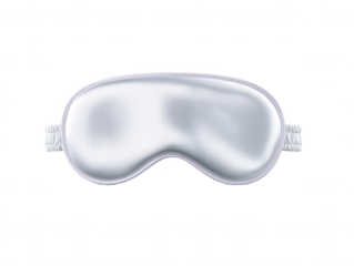 A silky white eye mask is shown against a clean white backdrop promoting restful sleep and blocking out light for a comfortable and rejuvenating experience.