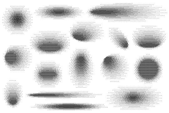 Circle drop shadows set with bitmap effect isolated on white background. Soft gradient shapes with pixel noise. Vector dither gradation Y2K retro elements.