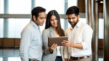 Businesspeople Standing with Digital Tablet in Contemporary Lobby Setting	
