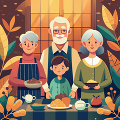 Vector illustration of grandparents and grandson preparing food
