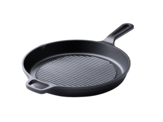A black cast iron grill pan with raised ridges on the cooking surface is angled on a white background, ready for cooking a delicious and healthy meal.