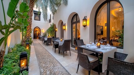 Obraz premium Romantic Outdoor Restaurant Patio at Night with Warm Lighting