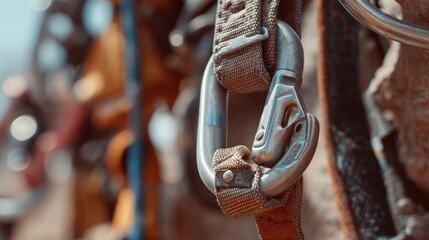Close-up of climbing carabiner attached to strap