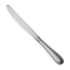 A shiny silver dinner knife with an elegant handle lies diagonally on a plain white background, perfect for formal dining or culinary product photography.