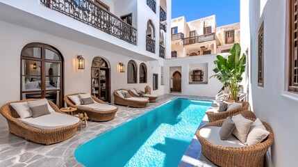 Fototapeta premium Sunlit Courtyard with Turquoise Pool and Wicker Lounge Chairs
