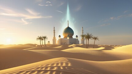 Golden Dune Setting – Elegant Mosque Amid Palm Trees and Clear Sky