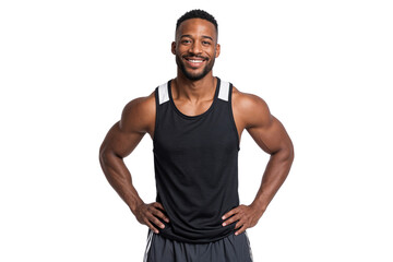 Fototapeta premium Confident athletic man in sportswear stands smiling, isolated on white background