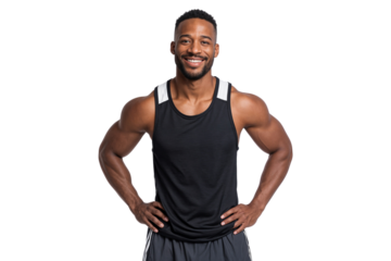 Confident athletic man in sportswear stands smiling, isolated on white background
