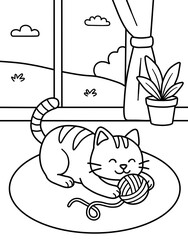Cloring pages for kids. A cute cat playing with a ball of yarn. Painting for kindergarten and elementary school children . Children's coloring activity sheet. Cute Illustration to Color.	