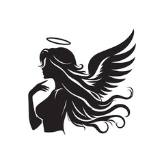 vector silhouette of a beautiful woman like an angel, simple black and white that can be edited