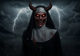 3D Illustration of Scary Demon Nun in Horror Scene