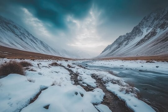 Winter mountain river valley - Powered by Adobe