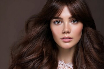 Fototapeta premium Woman with Flowing Long Brown Hair Close-up Studio Portrait