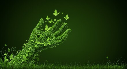 Abstract 3D Green Pixelated Hand Releasing Butterflies