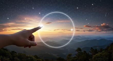 Abstract Digital Art: Hand Reaching for Glowing Circle Above Mountain