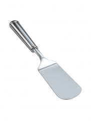 Fototapeta premium A shiny stainless steel spatula with a long handle is displayed on a clean white background in a vertical studio shot showcasing kitchenware and culinary utensils.