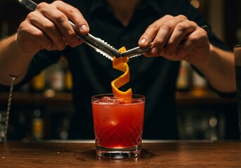 Bartender Making Cocktail with Orange Peel Photo