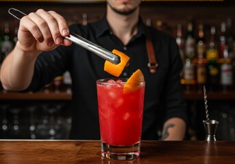 Bartender Garnishing Red Cocktail With Orange Peel Photo